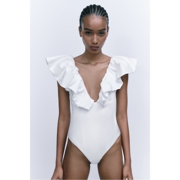 Zara Tops - NWT Zara Ruffle Deep V-Neck Bodysuit in White